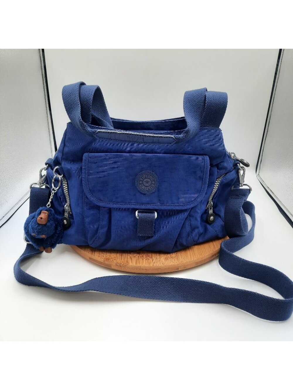 Kipling Felix Bag Crossbody Shoulder Strap Navy Blue Tropics Tonal Large Handbag